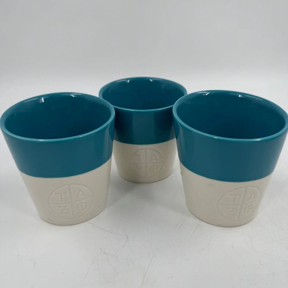 Starbucks TAZO Tea Tumblers Cups Set of 3 Teal Cream Ceramic 2012‎